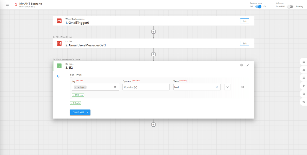 Gmail'ist käivitatud automaatika ANT Editoris, filtreerides sõnumeid märksõnaga 'load' tingimusliku loogika abil.