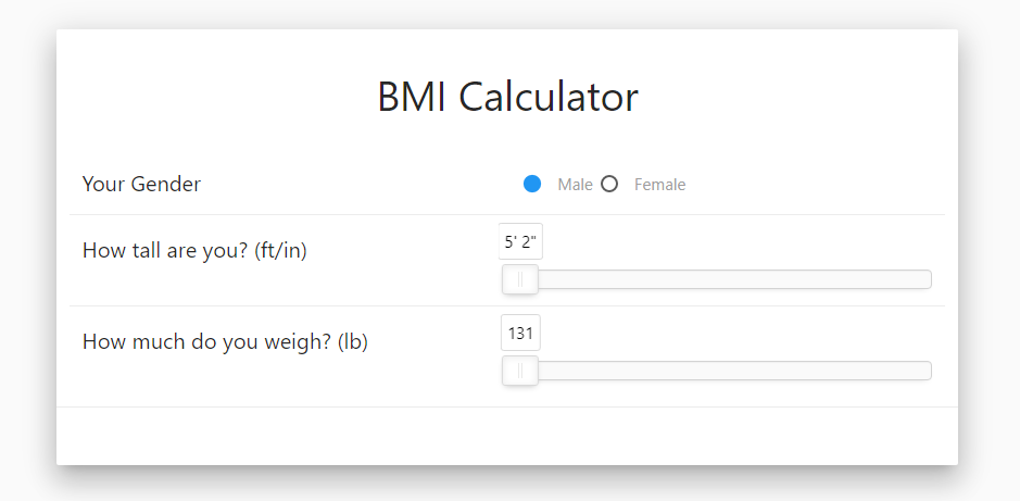 BMI Kalkulaatori Liides – võimaldab valida sugu, kõrguse ja kaalu liugurid ning puhta välimusega kasutajaliides, mida juhib Materialize.