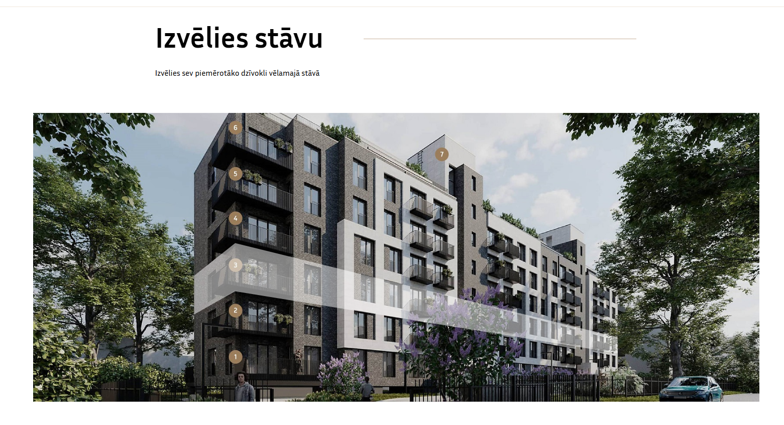 Korruste valiku leht interaktiivse hoone visualiseerimise ja nummerdatud tasemetega.